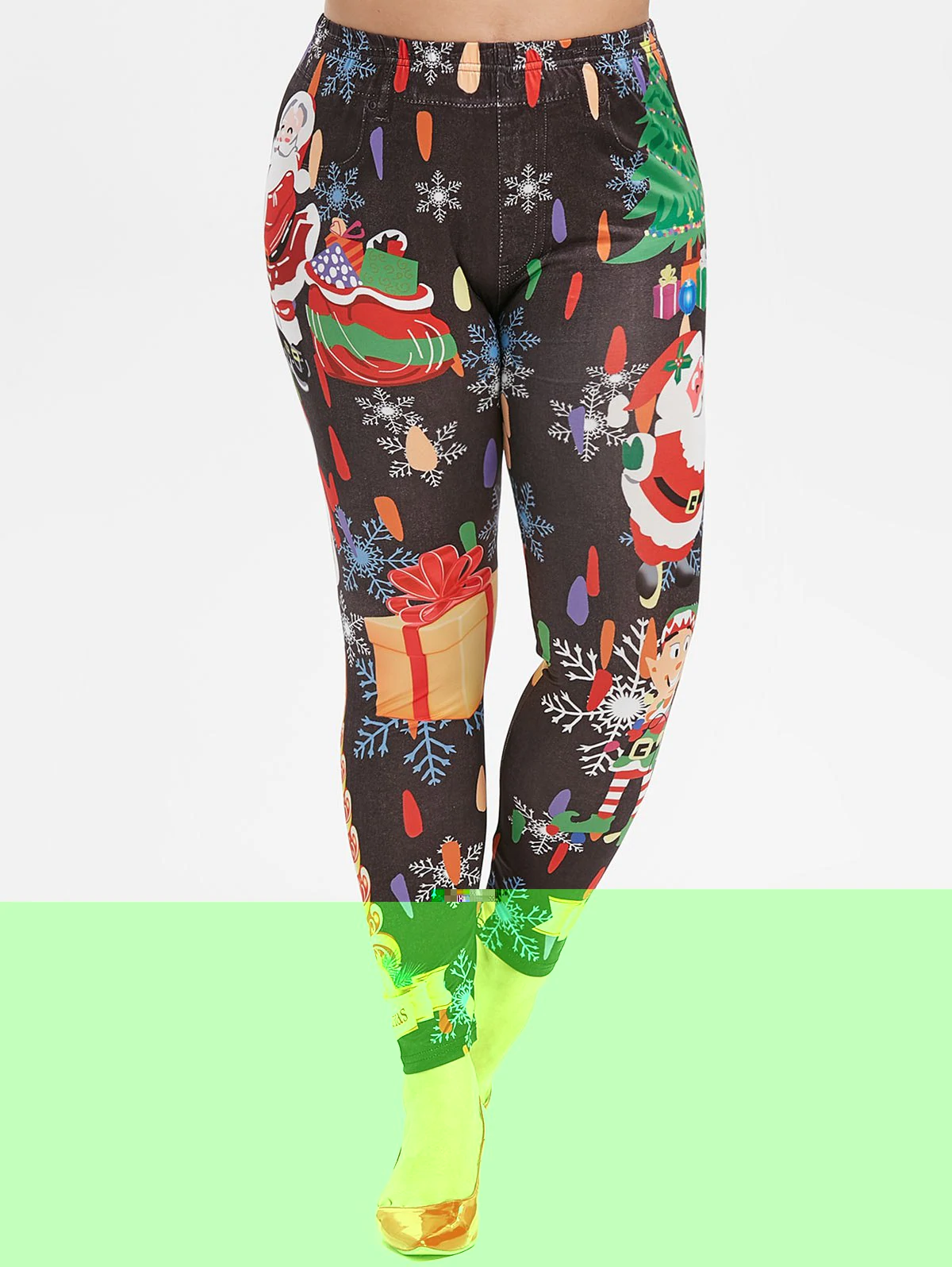 Plus Size Christmas Snowflake Santa Claus and Tree Print Legging